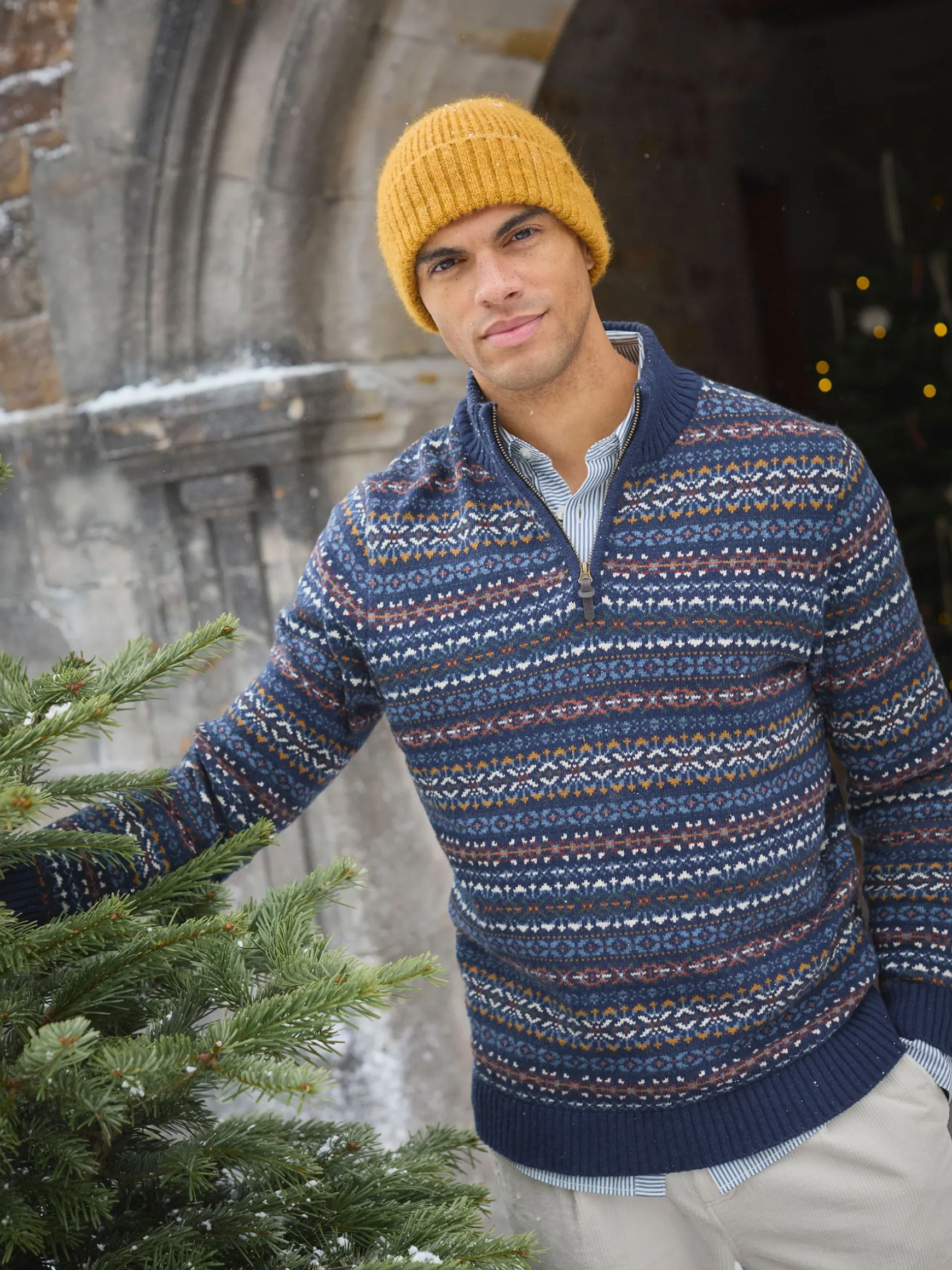 Fair Isle Navy Quarter Zip Knit Jumper Contains Merino Wool