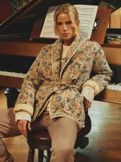 Floral Paisley Cotton Quilted Jacket With Belt