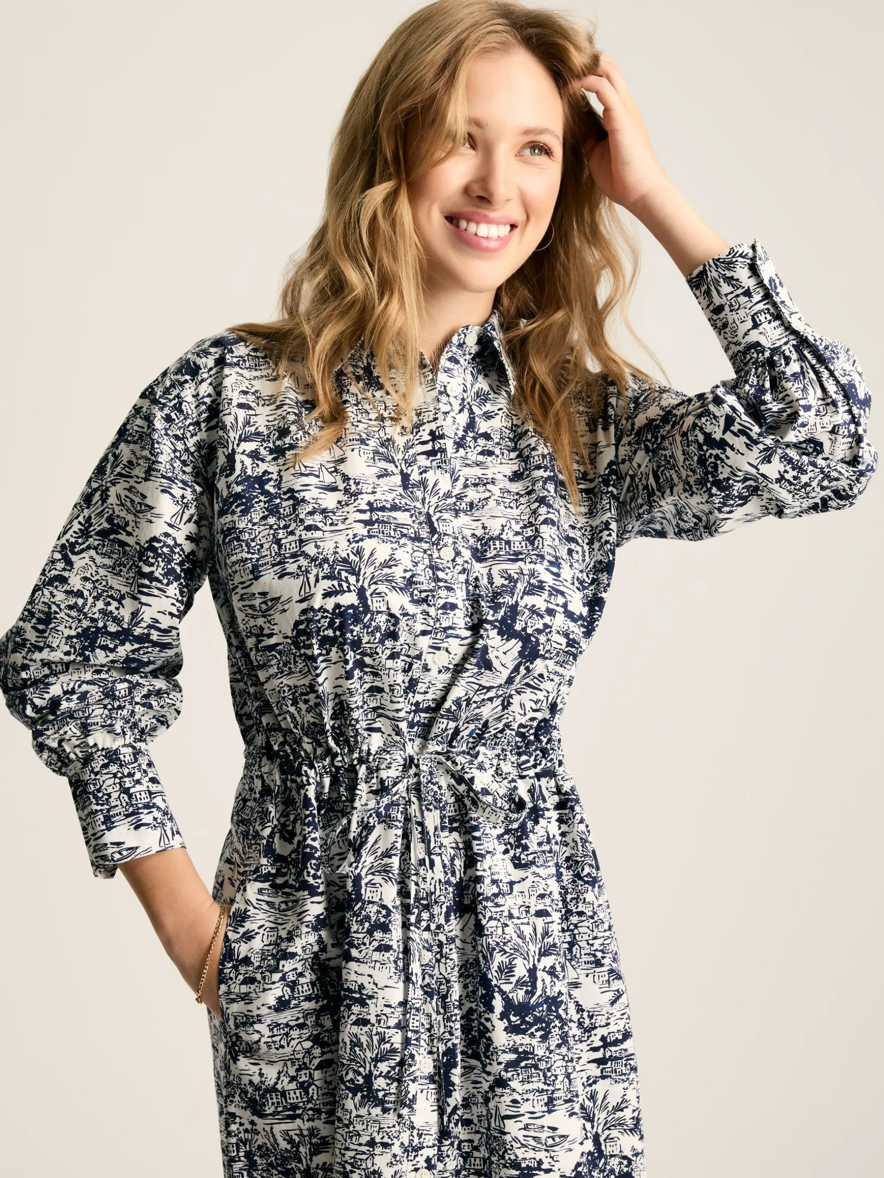 Francesca Blue/White Tie Waist Shirt Dress