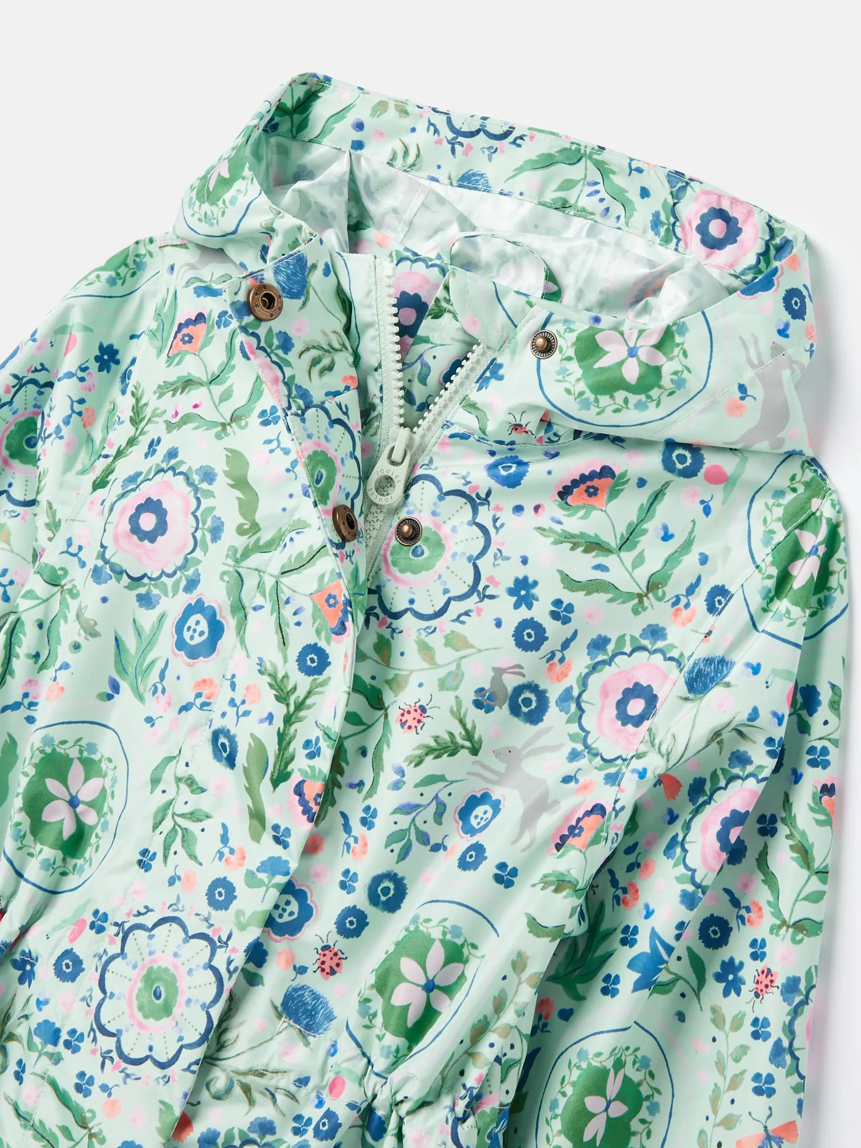 Girls' Rainford Green Floral Waterproof Packable Raincoat With Hood