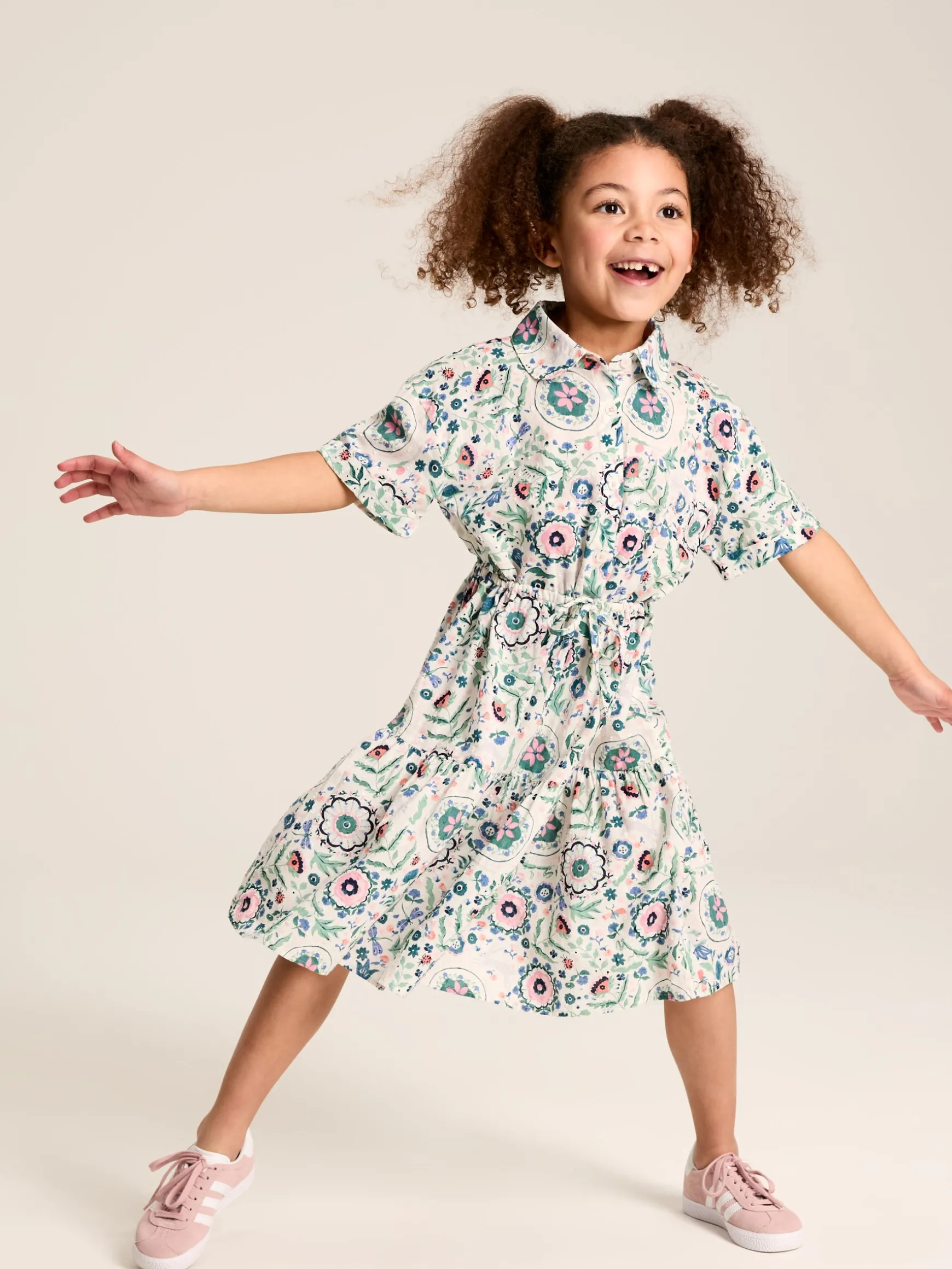 Girls' Summer Pink / Green Textured Shirt Dress