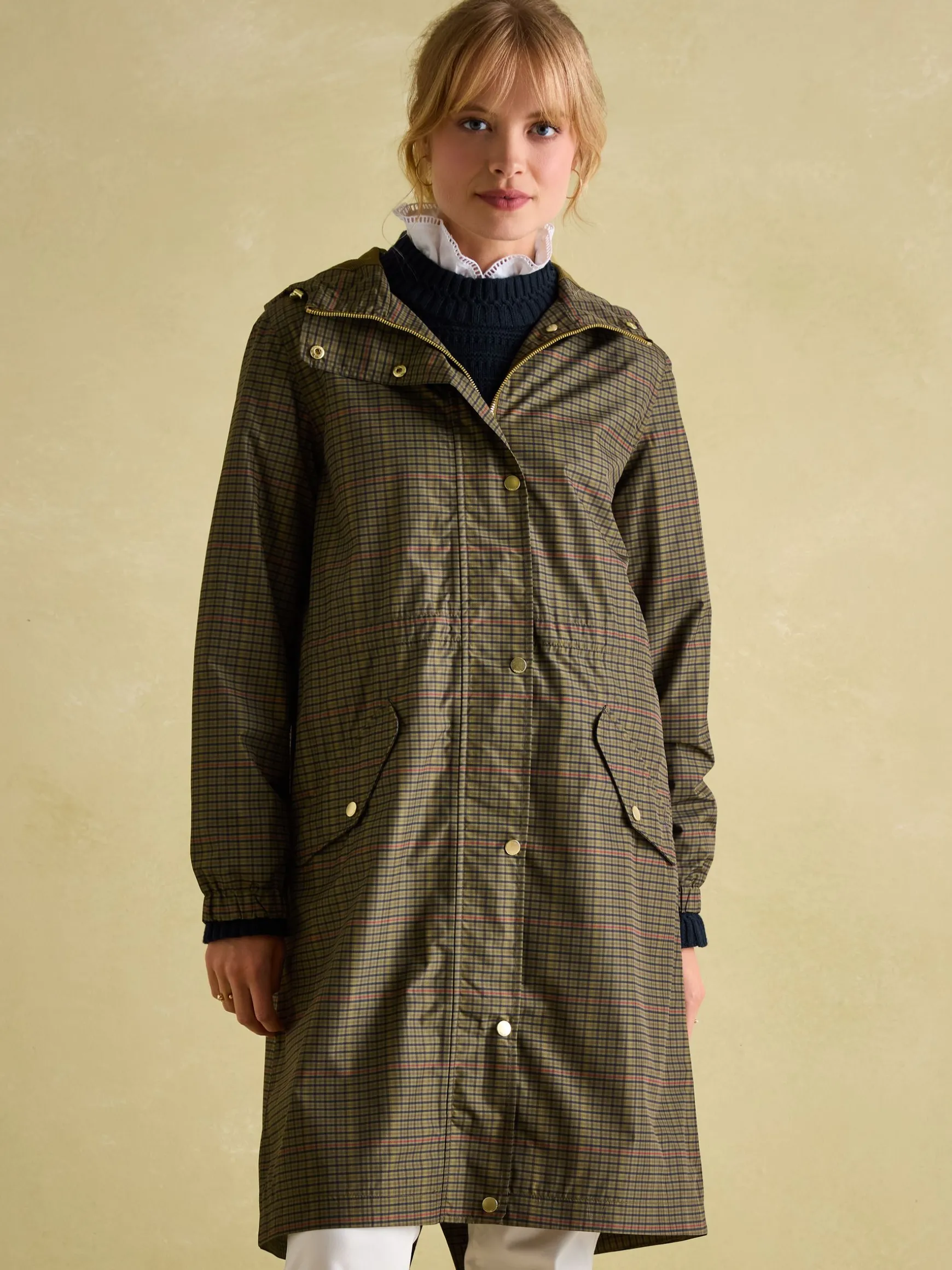 Holkham Khaki Green Check Waterproof Packable Raincoat With Hood