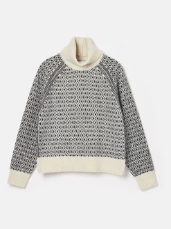 Ingrid Cream/Navy Patterned Jumper with Detachable Roll Neck