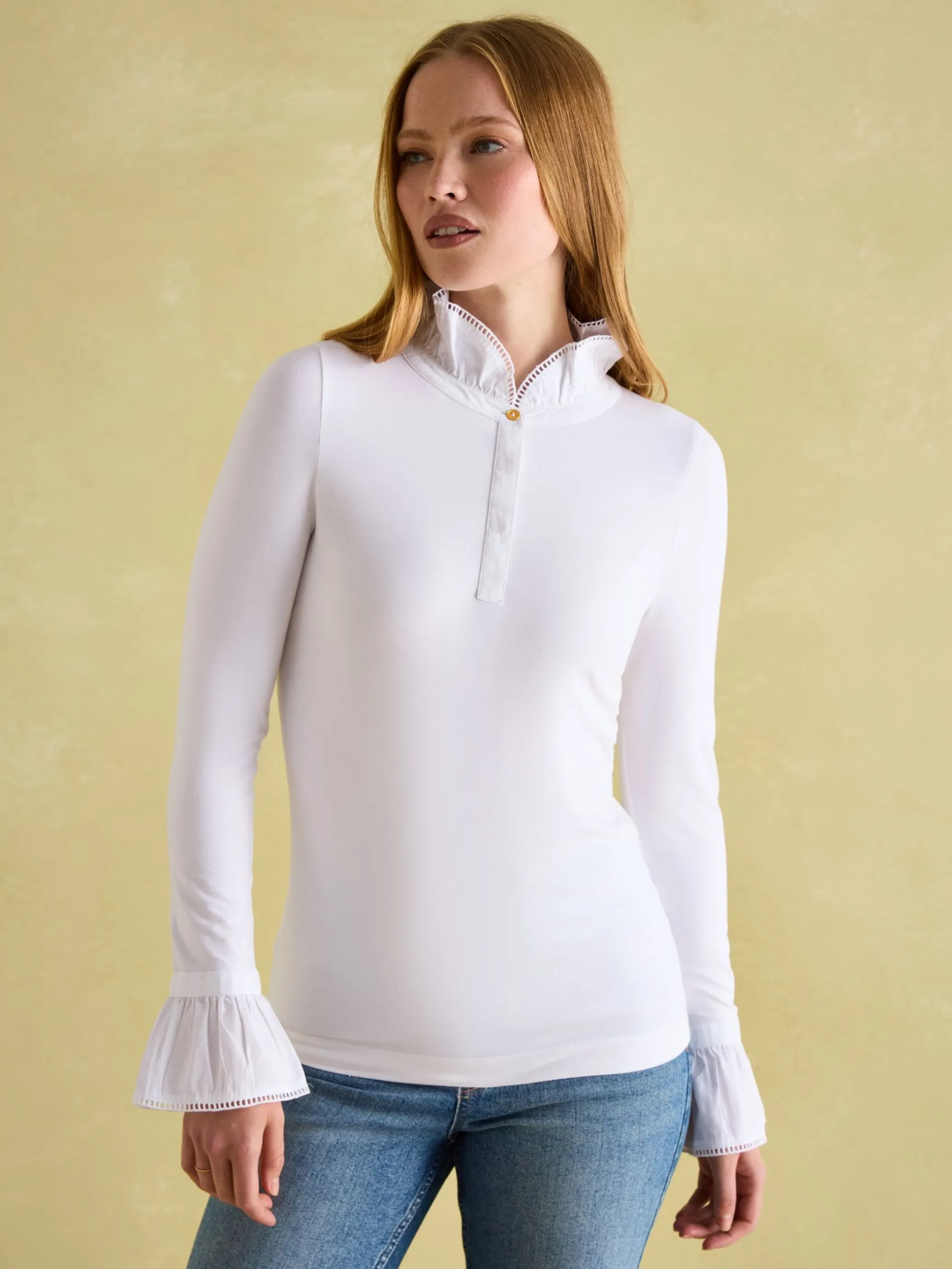 Kate White Long Sleeve Frilled Neck Top