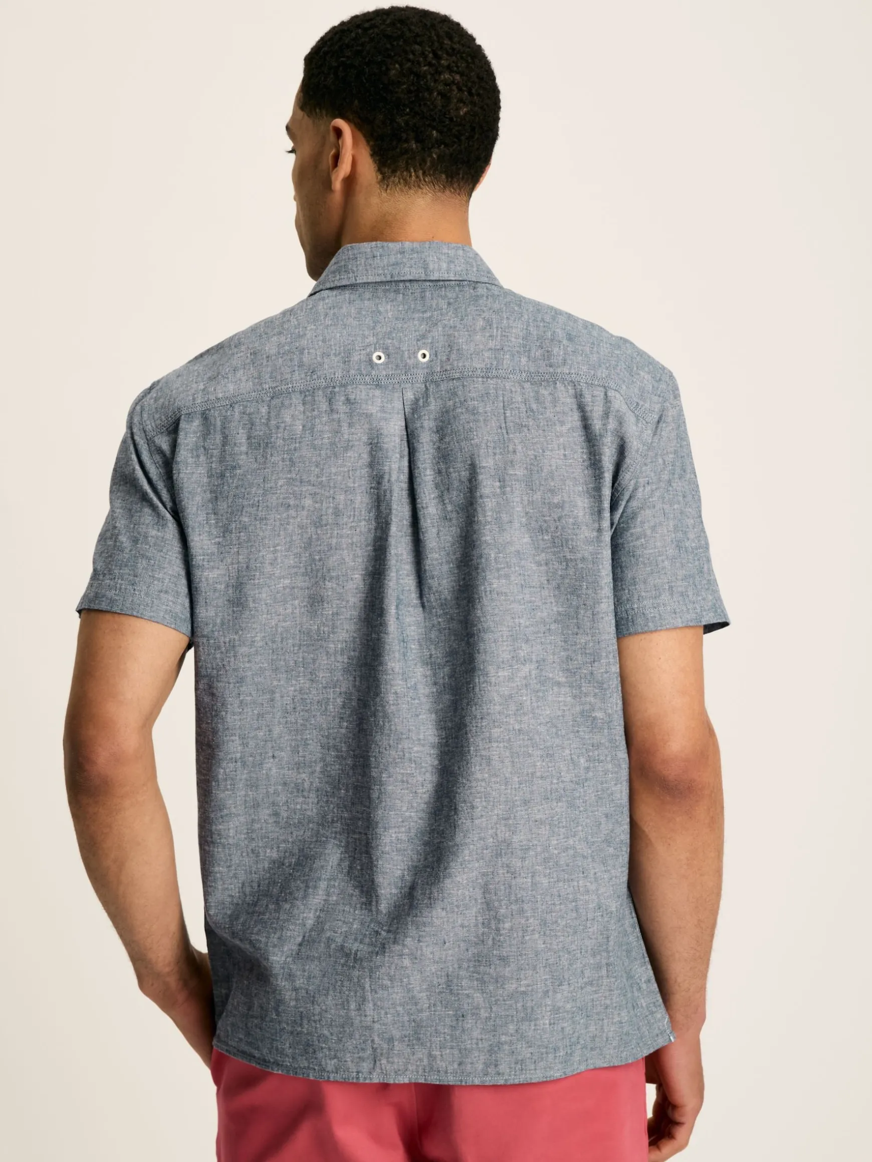 Linen Blend Blue Plain Short Sleeve Shirt