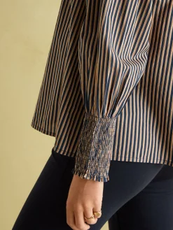Mariella Navy Stripe Cotton Frill Neck Blouse