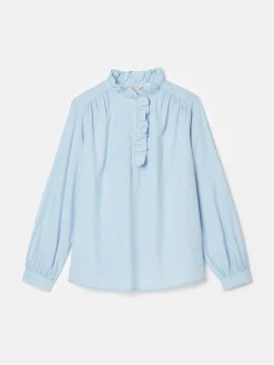 Melanie Blue/White Cotton Ruffle Blouse