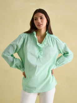 Melanie Green/White Cotton Ruffle Blouse