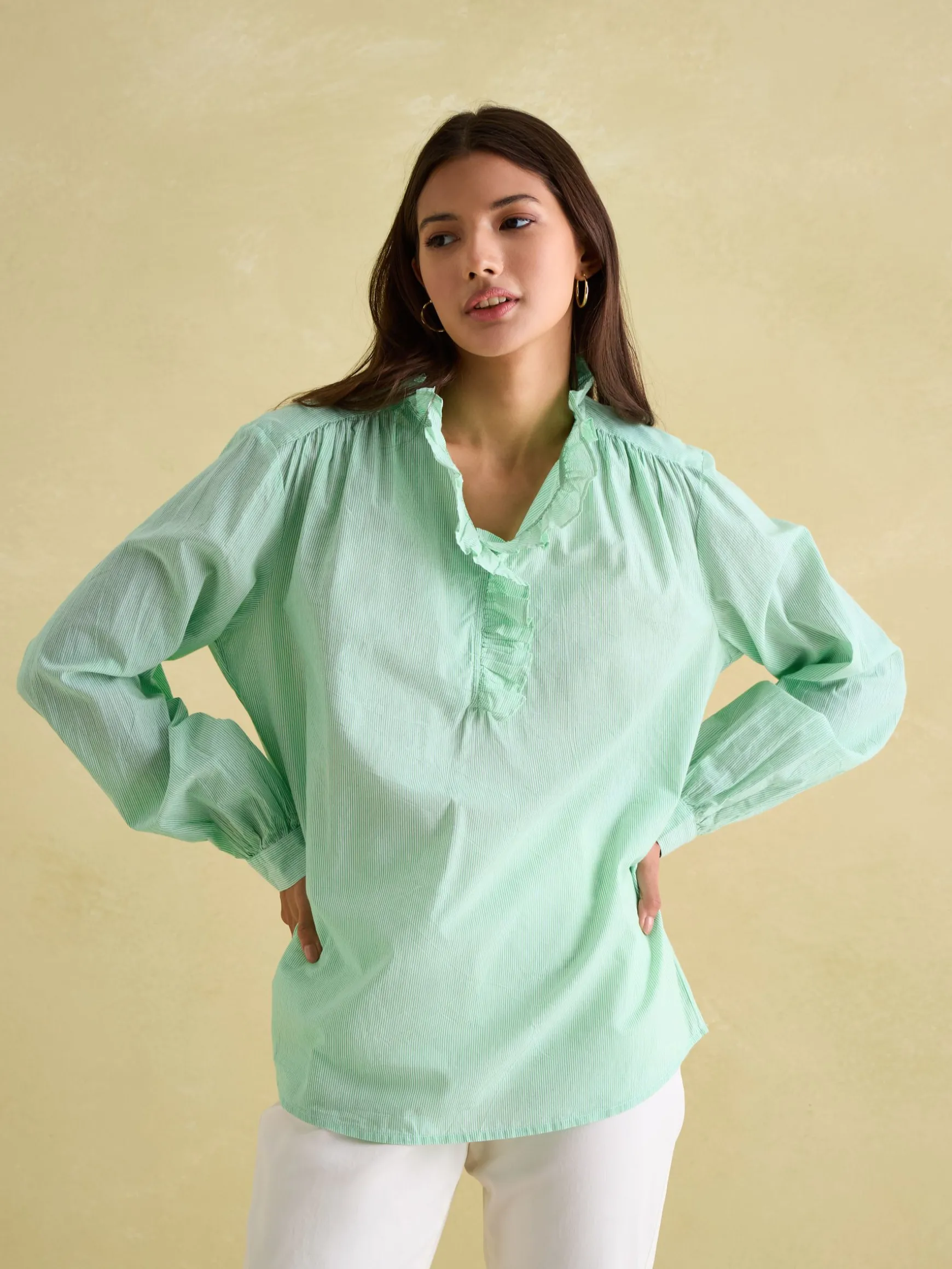 Melanie Green/White Cotton Ruffle Blouse