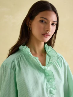 Melanie Green/White Cotton Ruffle Blouse