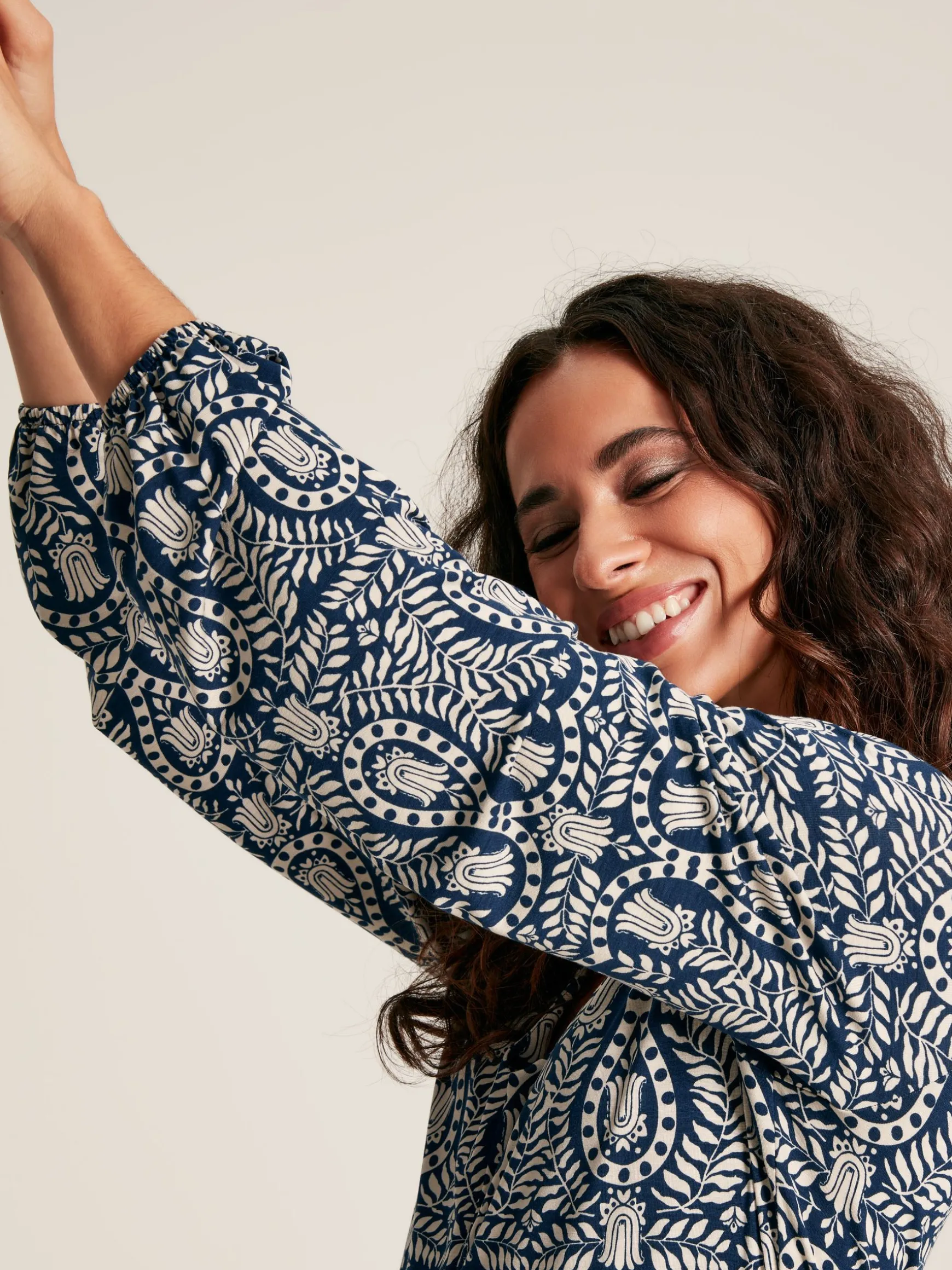 Nia Navy Blue Printed Long Sleeve Midaxi Dress With Pockets