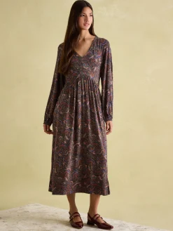 Nia Navy/Burgundy Long Sleeve Midaxi Dress