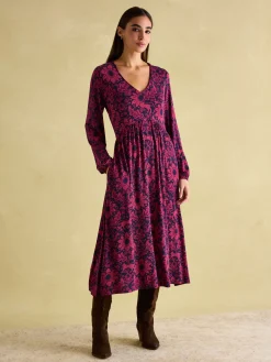 Nia Red & Navy Long Sleeve Midaxi Dress