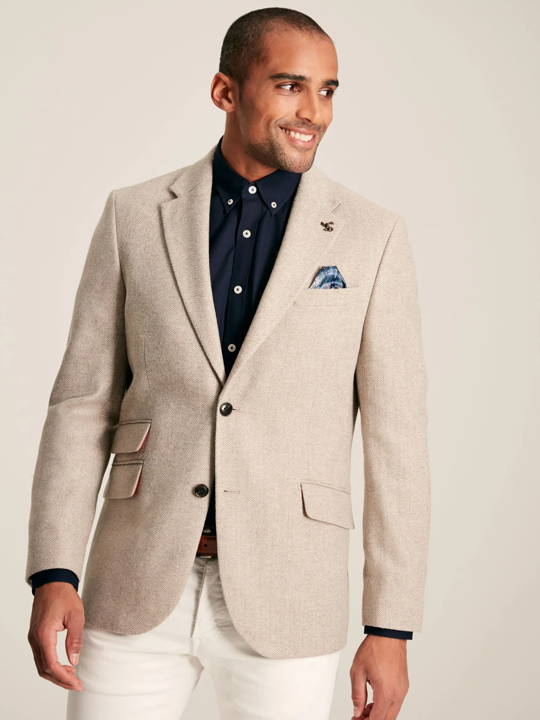 Oatmeal Herringbone Texture Slim Fit Blazer