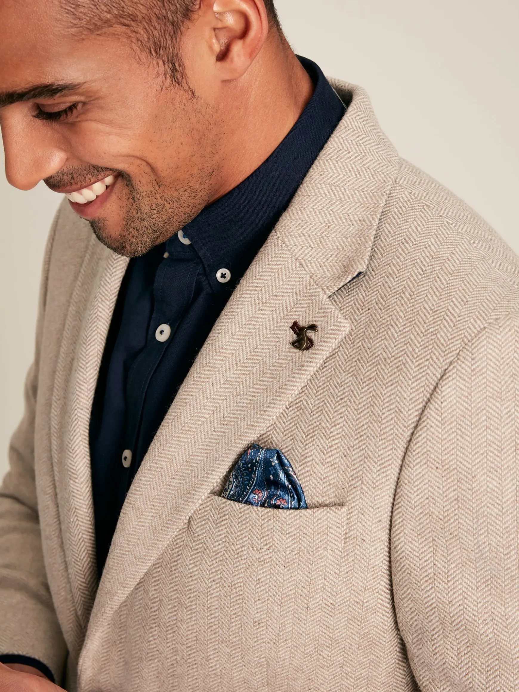 Oatmeal Herringbone Texture Slim Fit Blazer