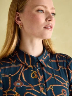 Penelope Navy Bridle Print Satin Shirt Dress
