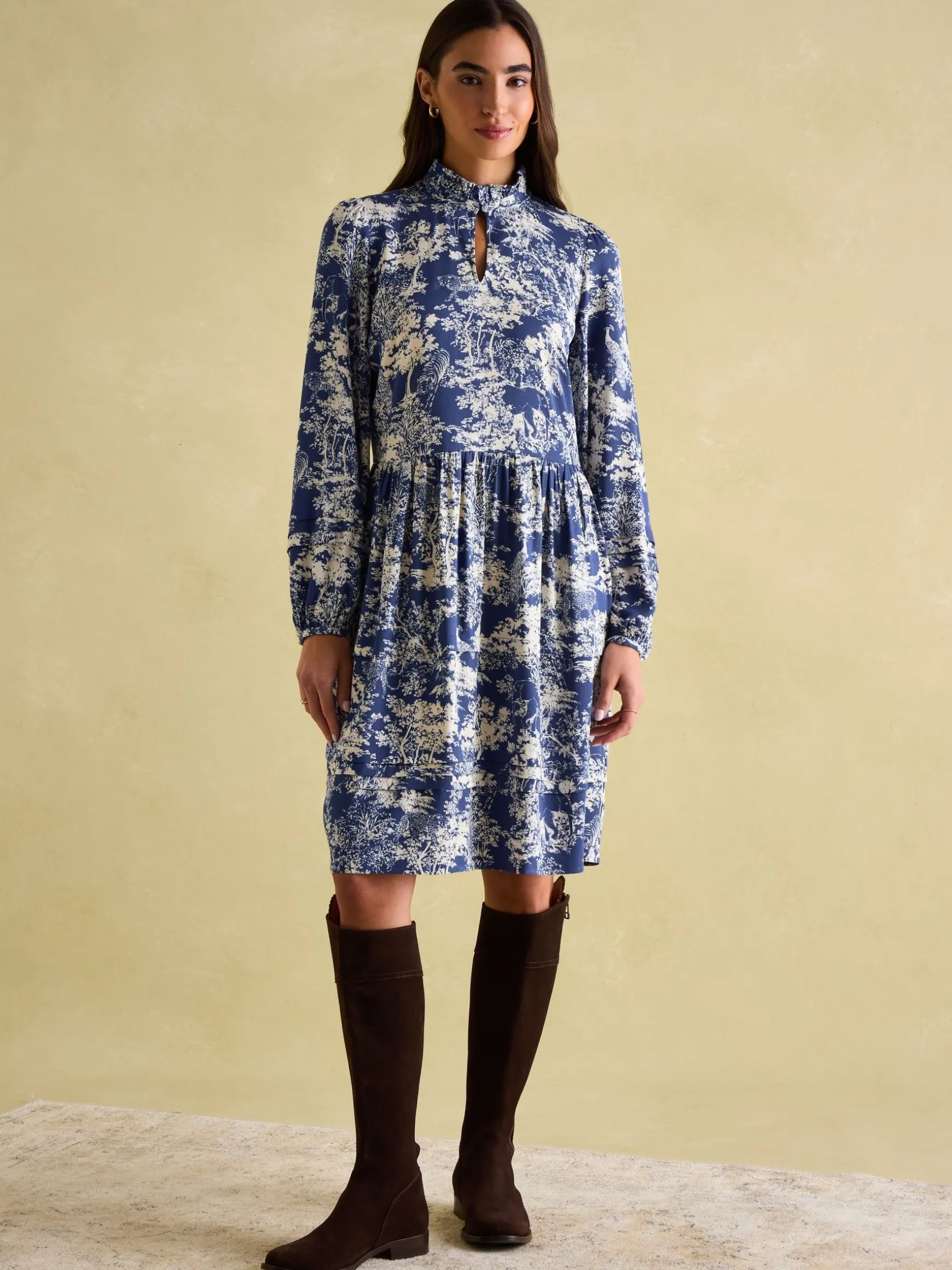 Petunia Blue/Neutral Frill Neck Dress
