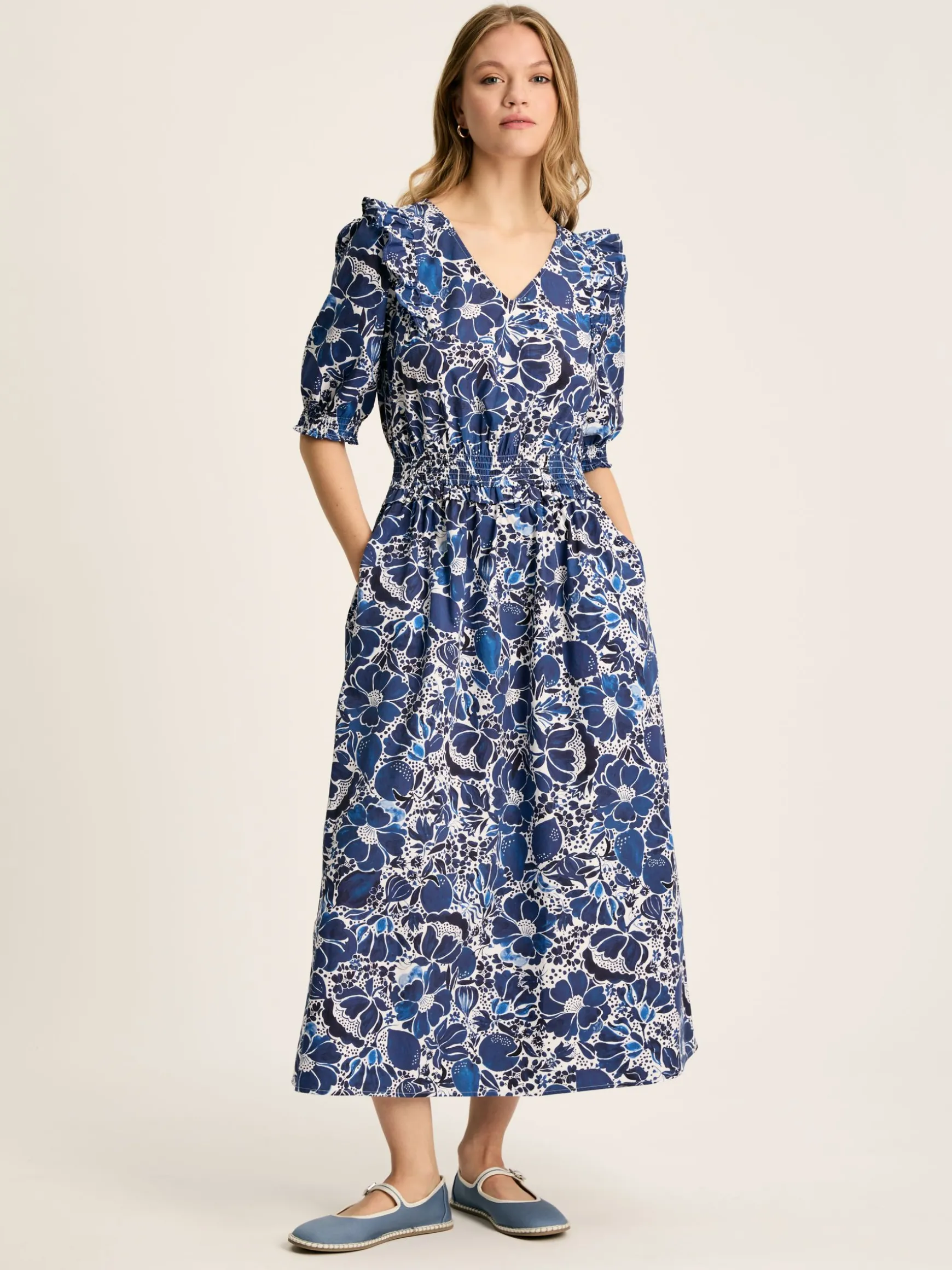 Rosalie Blue & White V-Neck Frill Dress